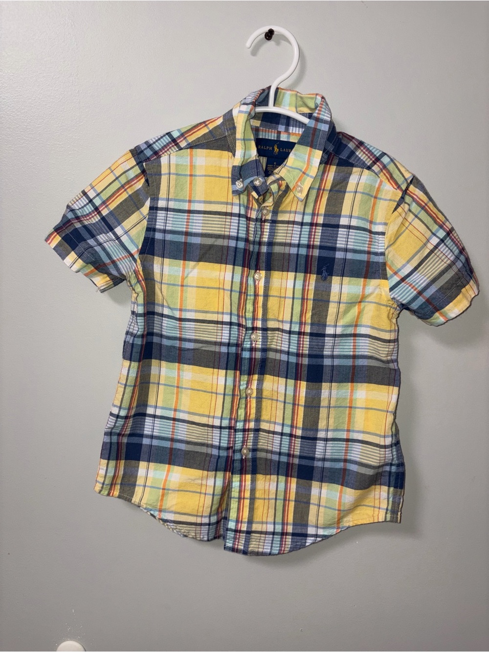 Ralph Lauren Yellow & Blue Plaid Short Sleeve Collared Button Down Shirt Boys 6